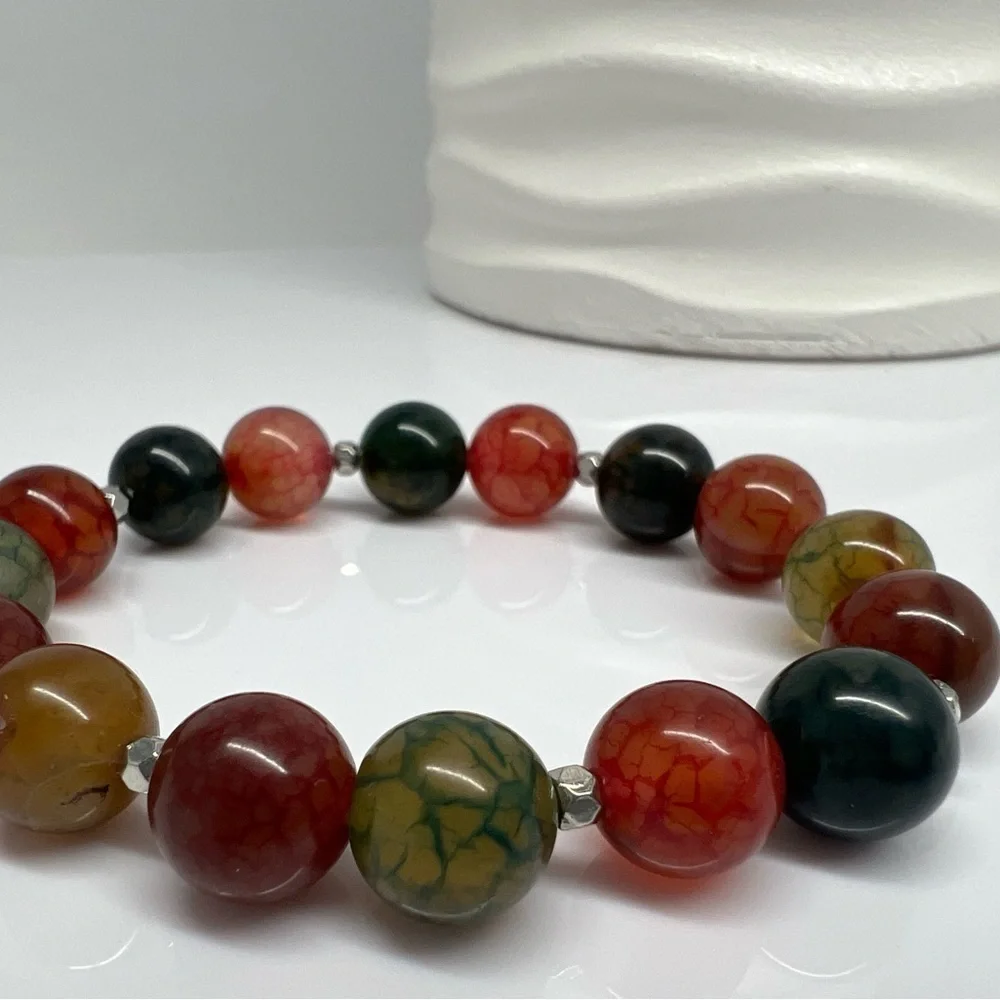 𝅺Multicolored Agate Gemstone Beaded Stretch Bracelet